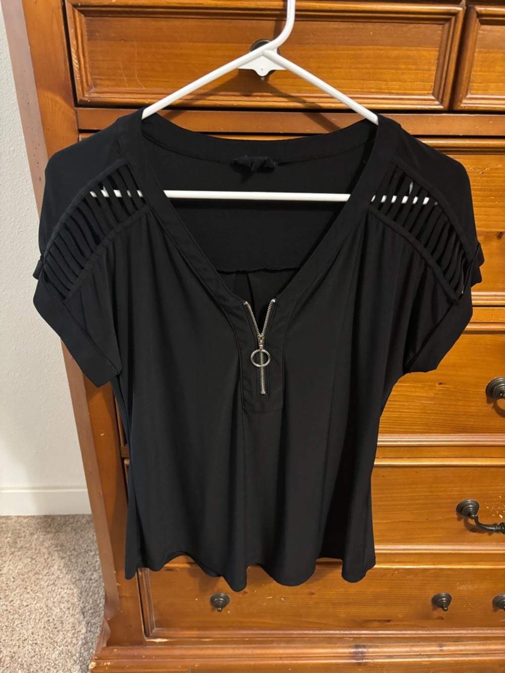 Workshop Black Short Sleeve Zip Front Cutout Shoulder Top